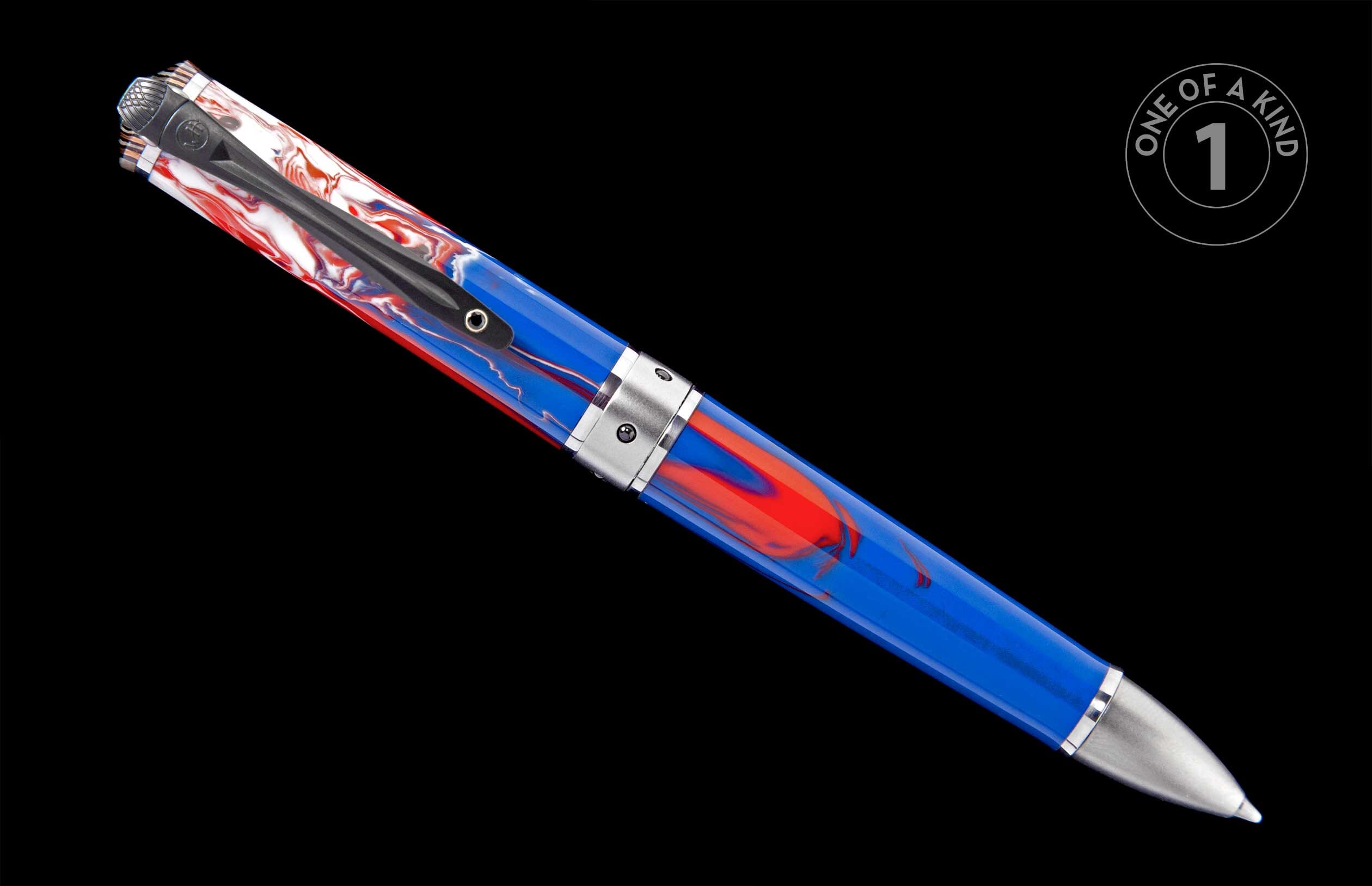 Red, white, and blue marbled pen with a silver-toned clip and metal tip, angled diagonally.