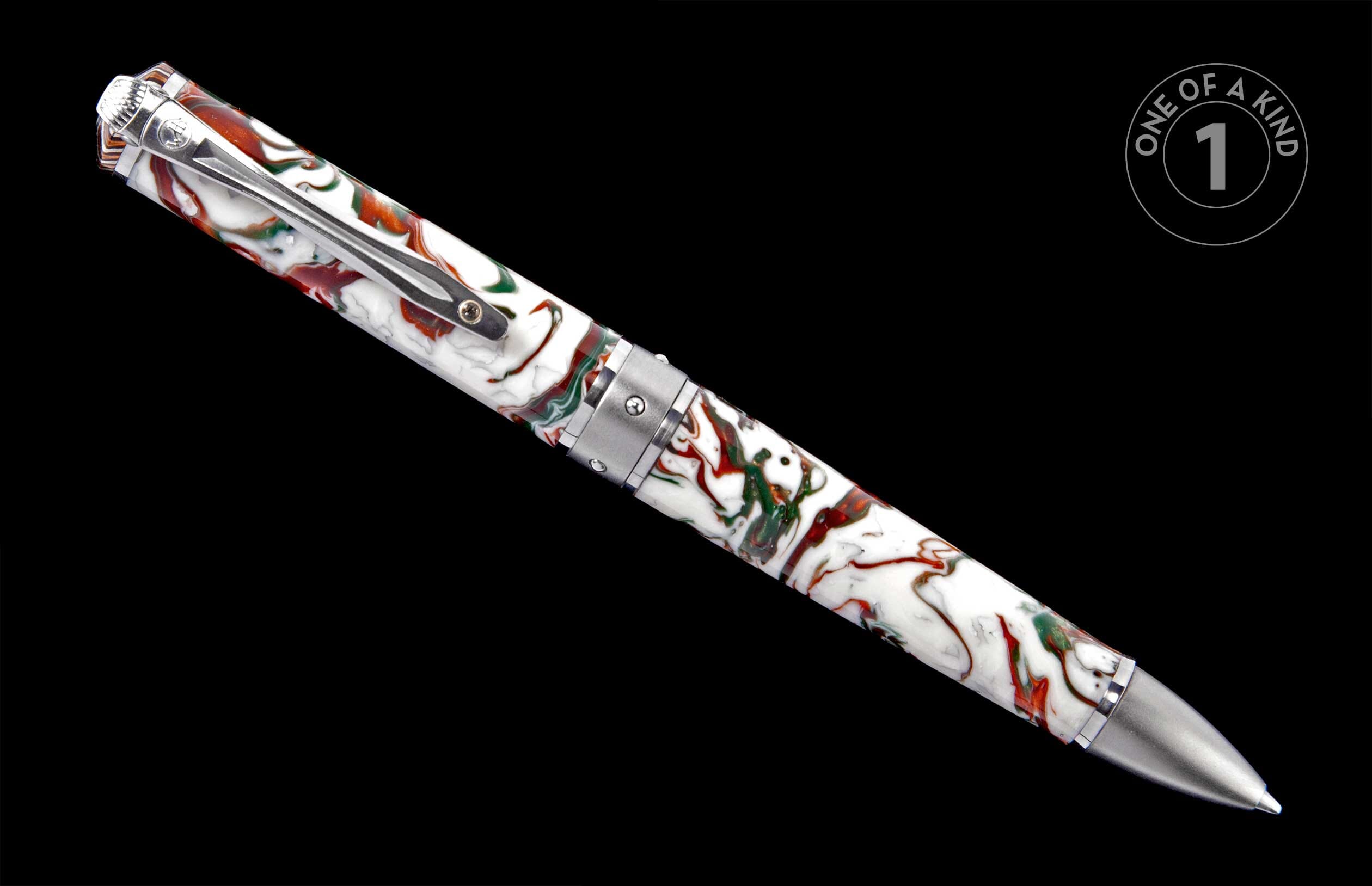 Swirling white, red, and green marbled pen with silver clip, ridged cap, smooth tip, and 'One of a Kind' emblem.