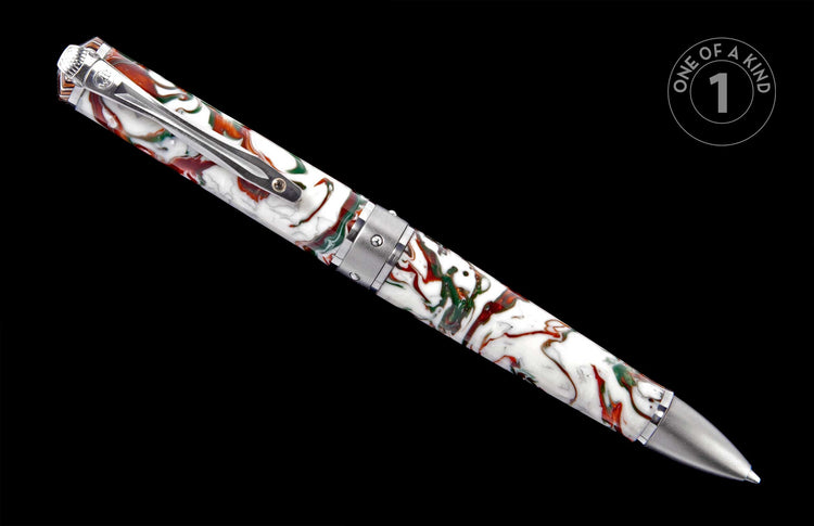 Swirling white, red, and green marbled pen with silver clip, ridged cap, smooth tip, and 'One of a Kind' emblem.