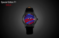Special Edition Fordite watch by William Henry with bold red and blue marbled dial, black leather strap, and automatic movement, front view