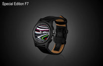 Special Edition Fordite watch by William Henry with multicolor striped dial, black case, and leather strap, side view on dark background