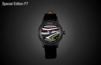 Special Edition Fordite watch by William Henry with multicolor striped dial, black case, and leather strap, front view