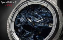 Pietersite dial luxury watch by William Henry, featuring swirling blue and gold patterns, silver-toned bezel with triangular hour markers, and date window at 3 o'clock.