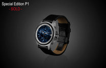 Pietersite dial watch by William Henry with carbon fiber case, black leather strap, and textured silver bezel, side view