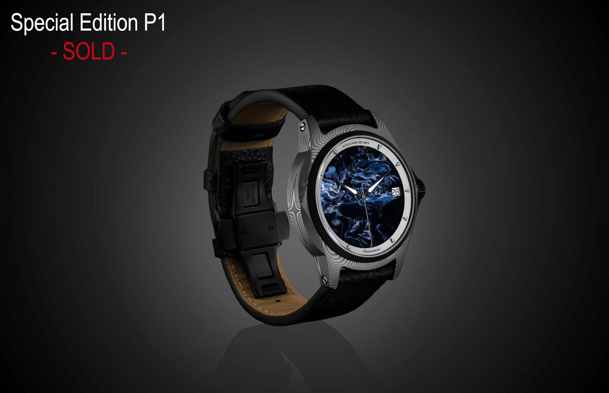 Pietersite dial automatic watch by William Henry with gray patterned case and black leather strap, side view on dark background