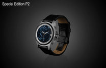 Pietersite dial automatic watch by William Henry with silver-toned case, black leather strap, and textured bezel, side view on dark background