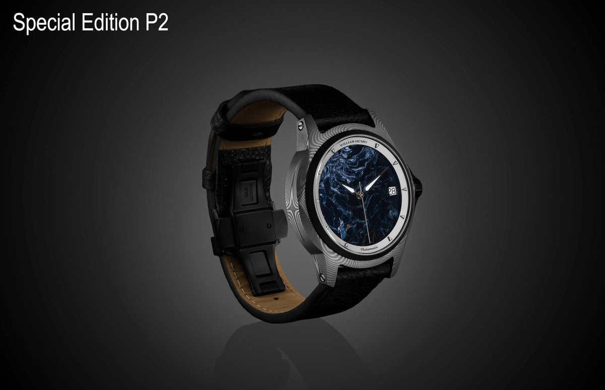 Pietersite dial automatic watch by William Henry with gray patterned case, black leather strap, and silver accents, side view on dark background