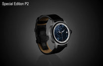 Pietersite dial automatic watch by William Henry with gray patterned case, black leather strap, and silver accents, side view on dark background
