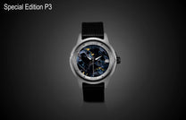 Pietersite dial automatic watch by William Henry with silver wave-pattern case and black leather strap, front view