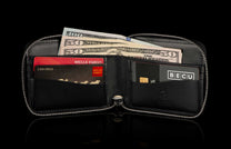 ZBF LIZ BLK MT|Black leather zipper bi-fold, open to show cash and credit cards, with a silver zipper.